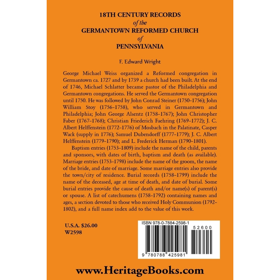 18th Century Records of the Germantown Reformed Church of Pennsylvania back cover
