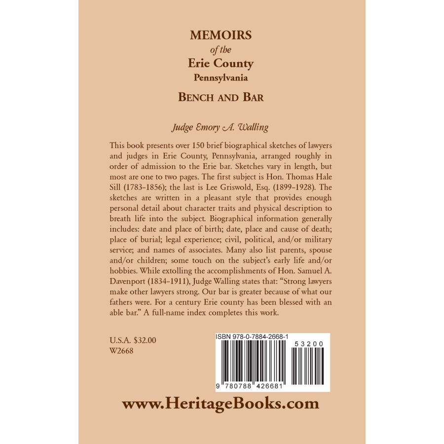 Memoirs of the Erie County, Pennsylvania Bench and Bar back cover