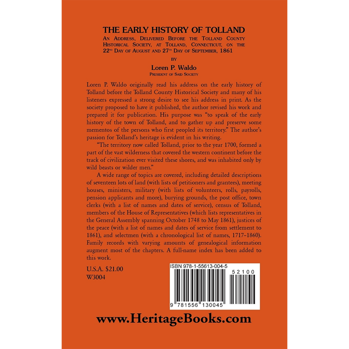 The Early History of Tolland [Connecticut] back cover