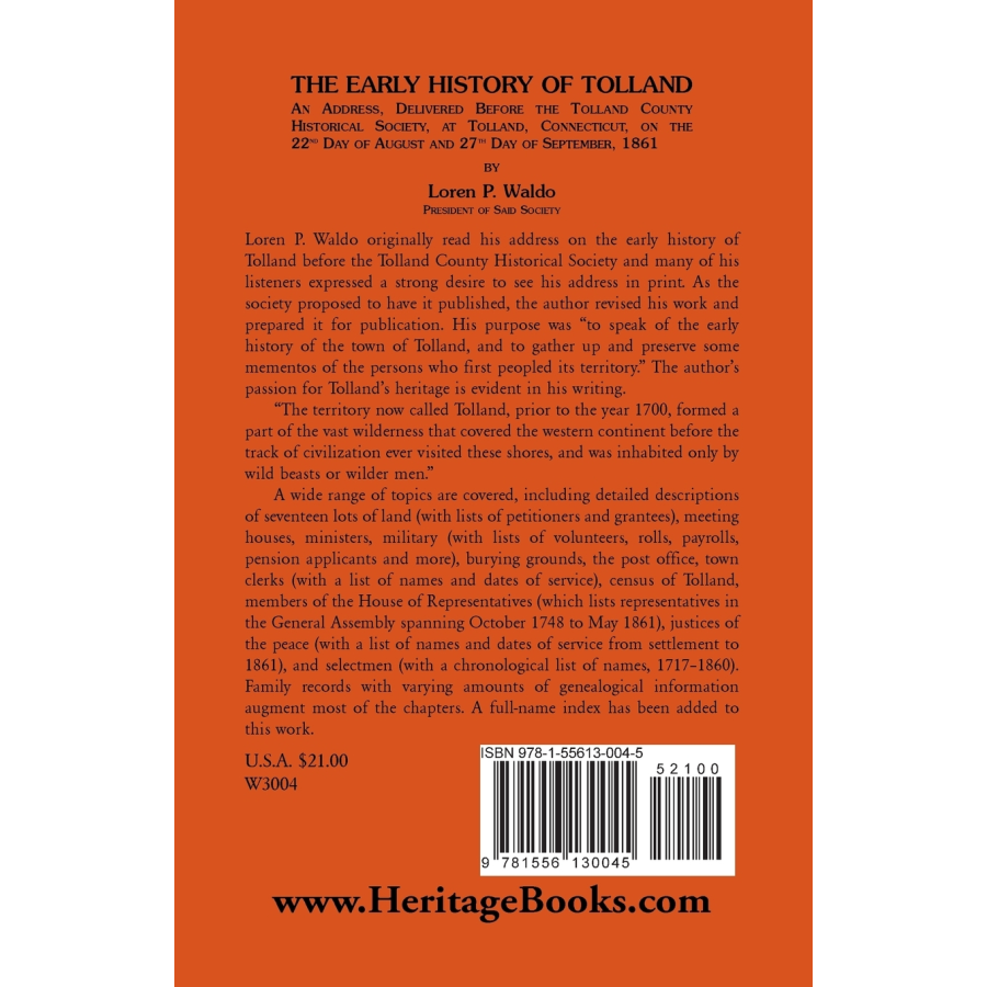 The Early History of Tolland [Connecticut] back cover