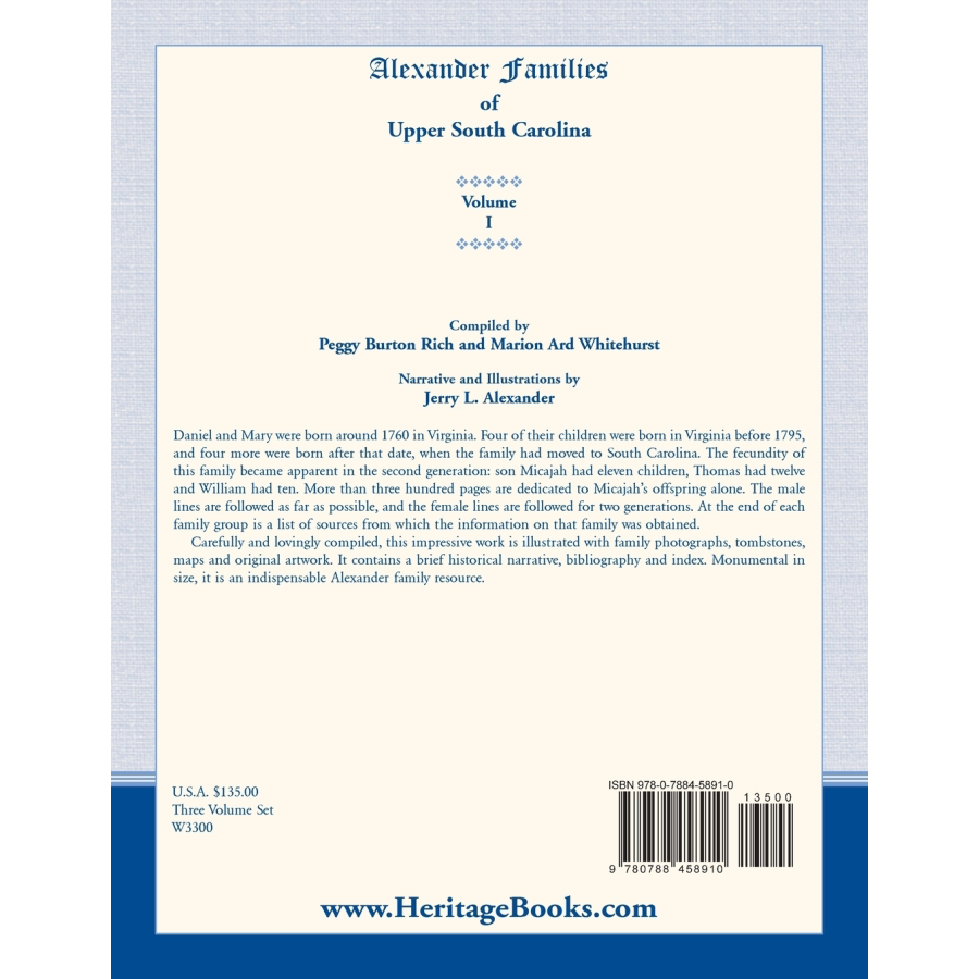 Alexander Families of Upper South Carolina volume 1 back cover