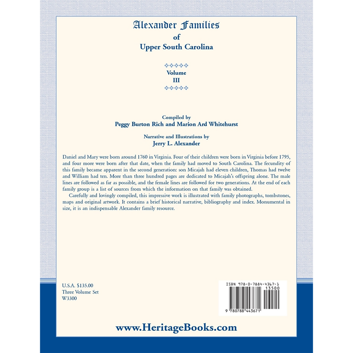 Alexander Families of Upper South Carolina volume 3 back cover