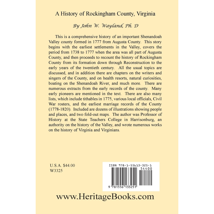 back cover of A History of Rockingham County, Virginia