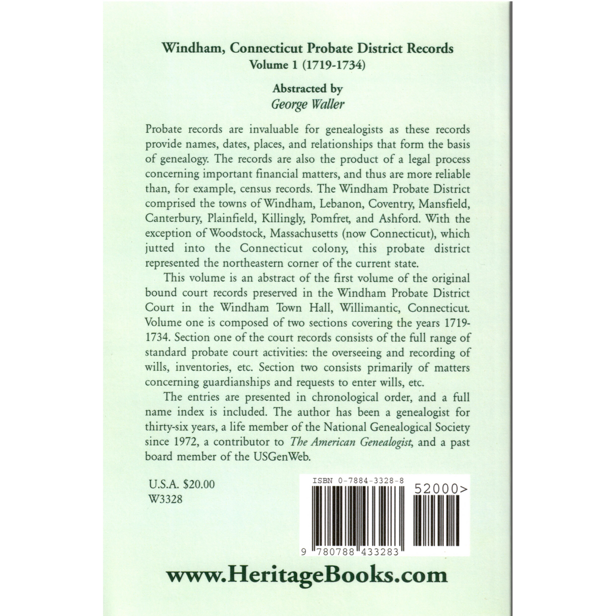Windham (Connecticut) Probate District Records, Volume 1 (1719-1734) back cover
