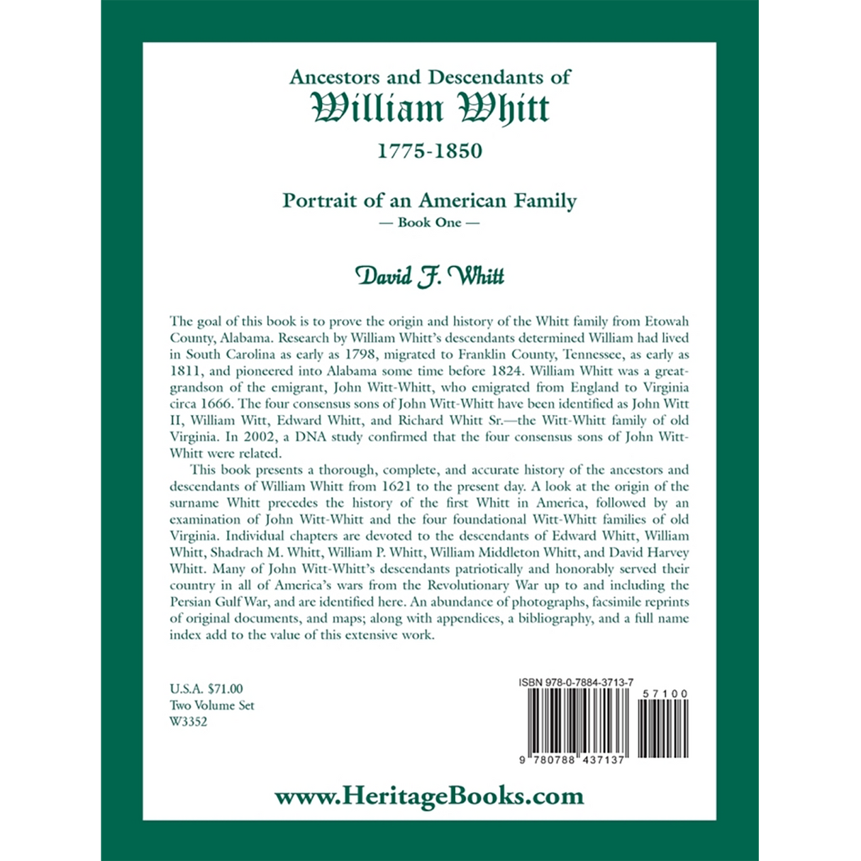 Ancestors and Descendants of William Whitt, (1775-1850), Portrait of an American Family volume 1 back cover