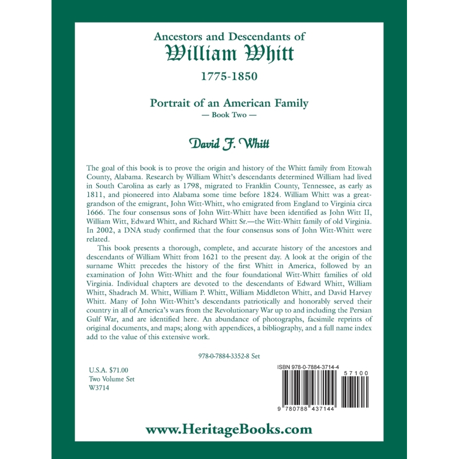 Ancestors and Descendants of William Whitt, (1775-1850), Portrait of an American Family volume 2 back cover