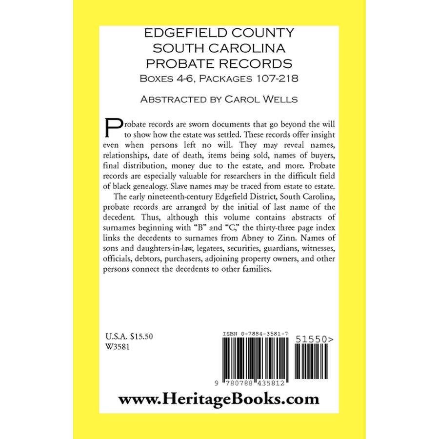 Edgefield County, South Carolina Probate Records, Boxes 4-6, Packages 107-218 back cover
