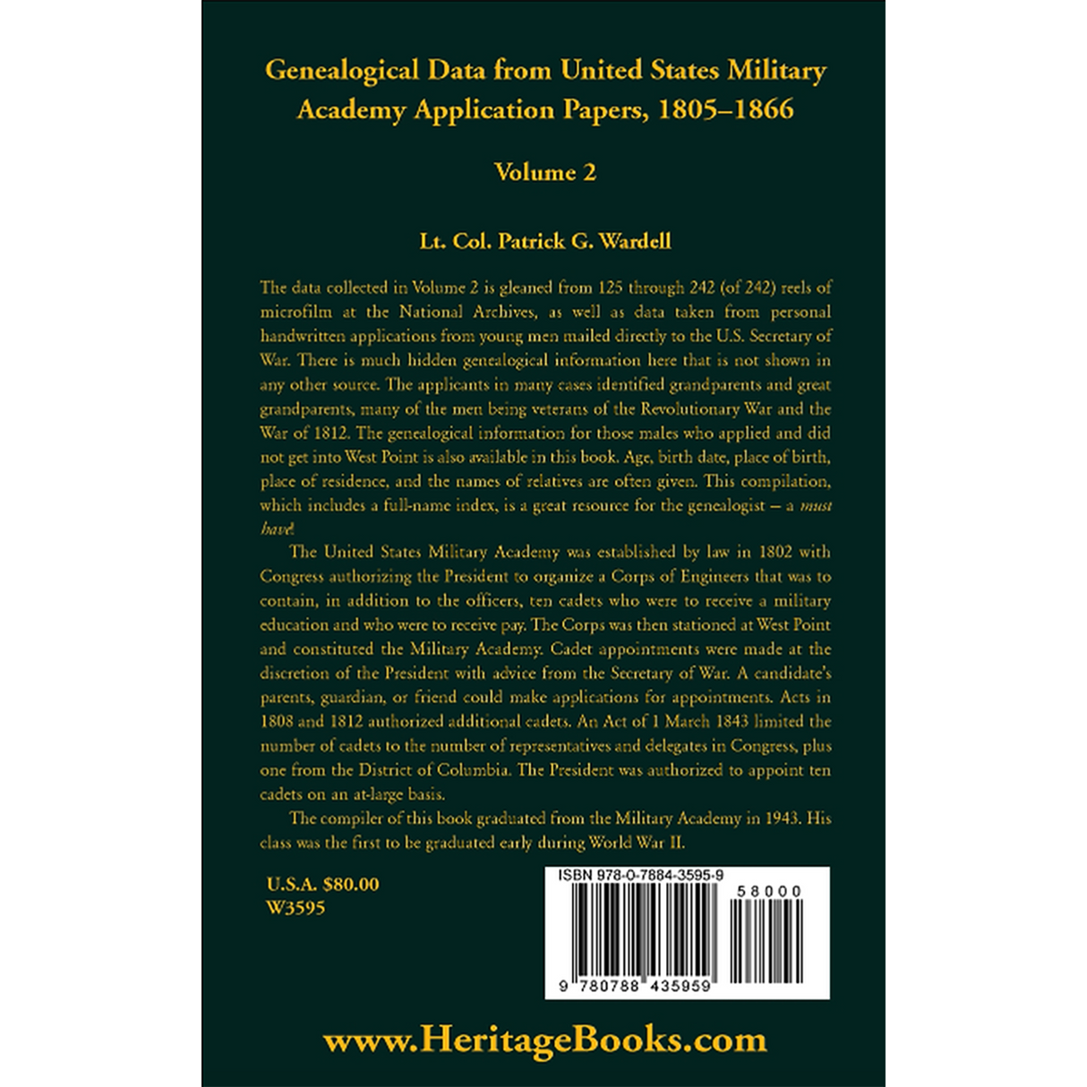 Genealogical Data from United States Military Academy Application Papers, 1805-1866, Volume 2 back cover
