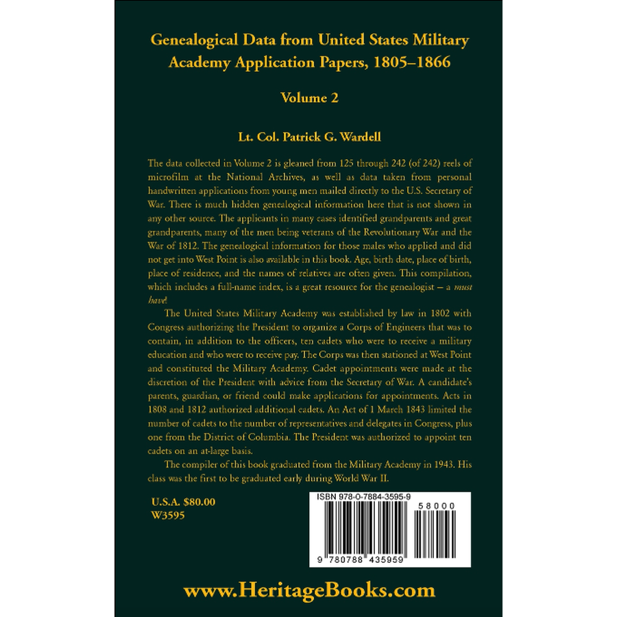 Genealogical Data from United States Military Academy Application Papers, 1805-1866, Volume 2 back cover