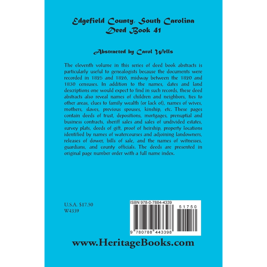 back cover of Edgefield County, South Carolina, Deed Book 41