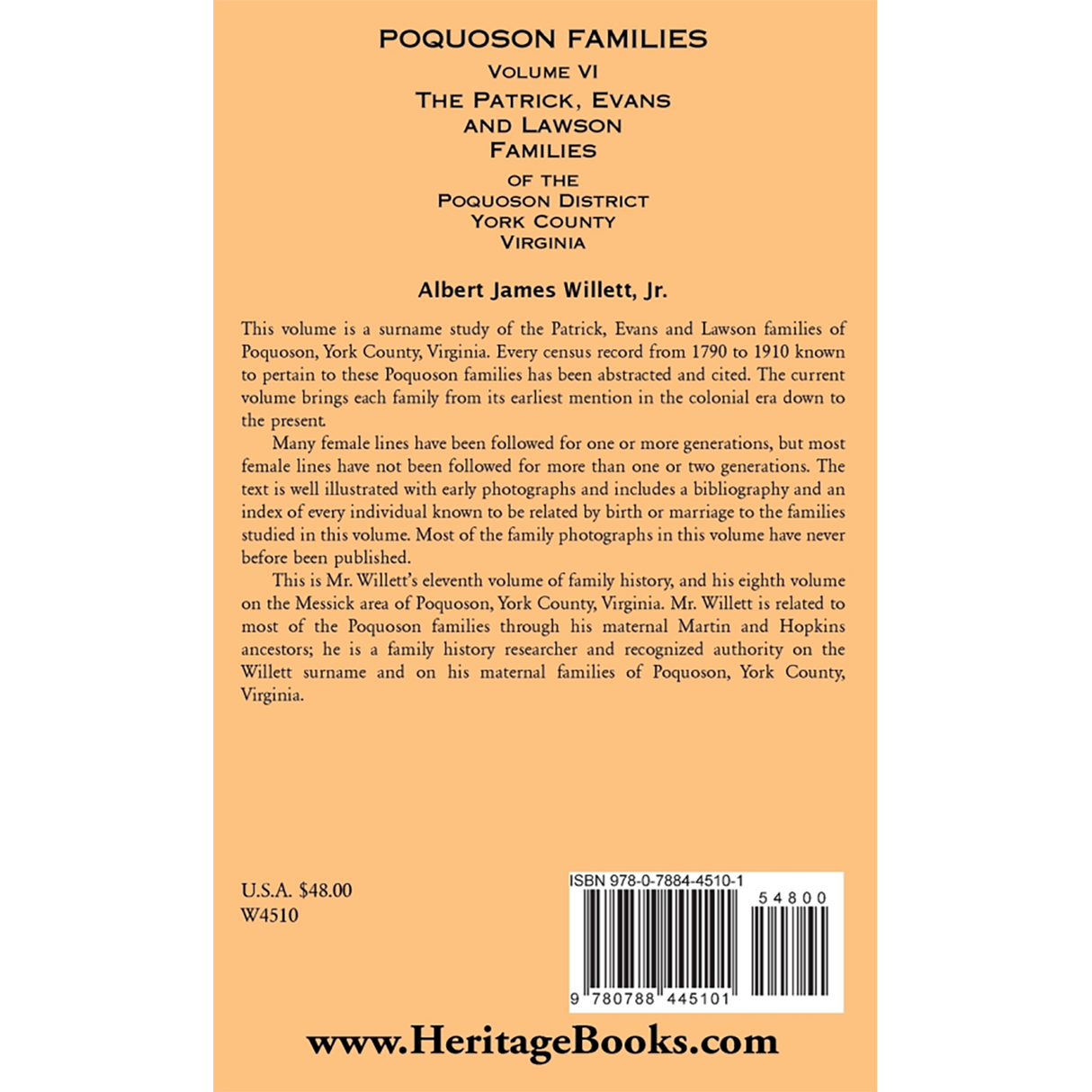Poquoson Families, Volume VI: The Patrick, Evans and Lawsons Families of the Poquoson District, York County, Virginia [hardcover] back cover