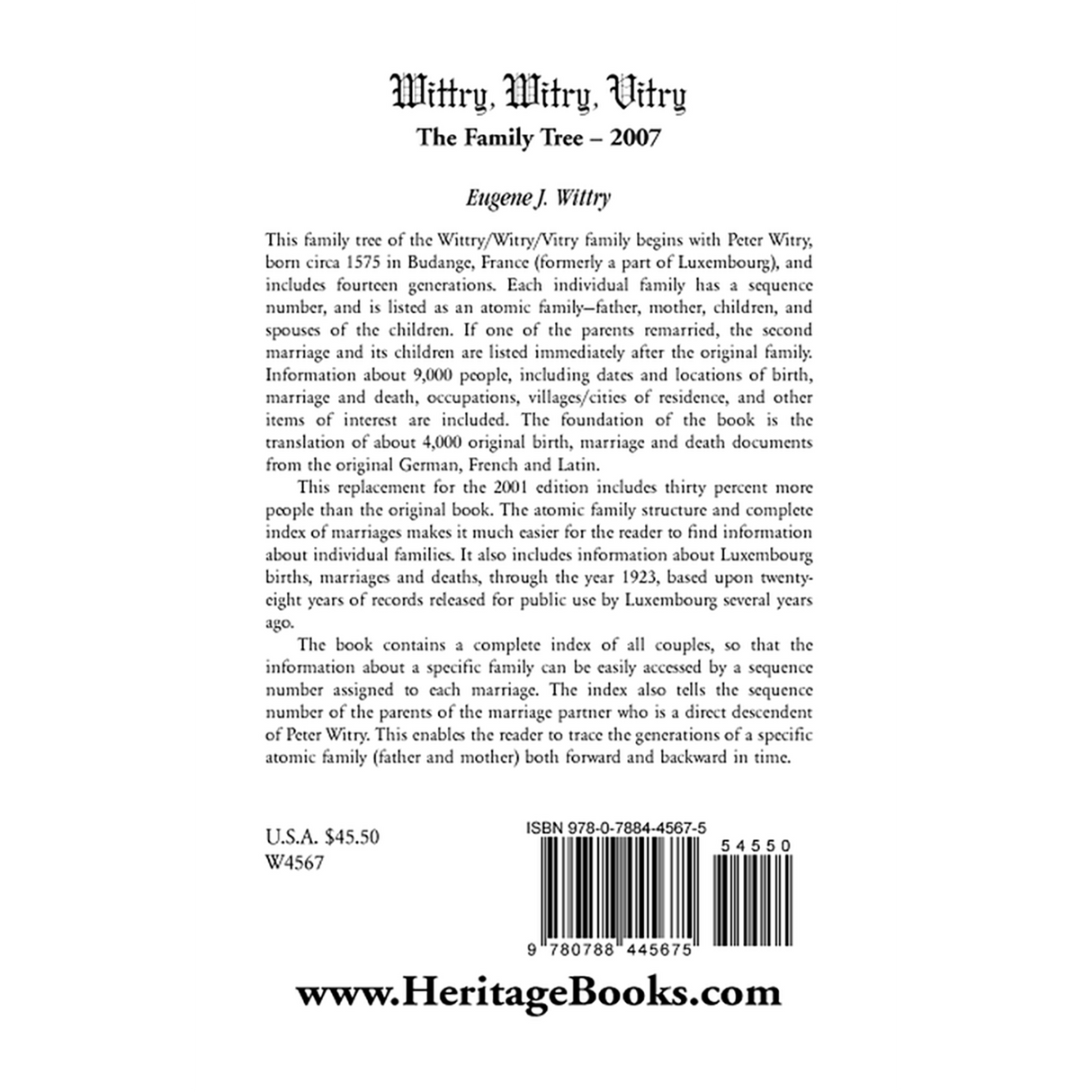 Wittry, Witry, Vitry: The Family Tree, 2007 back cover