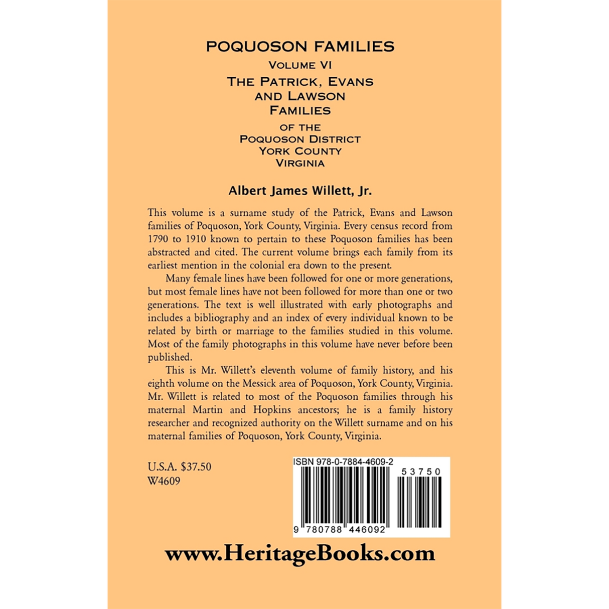 Poquoson Families, Volume VI: The Patrick, Evans and Lawsons Families of the Poquoson District, York County, Virginia [paper] back cover