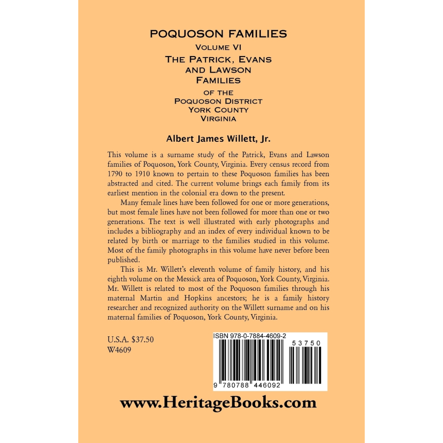 Poquoson Families, Volume VI: The Patrick, Evans and Lawsons Families of the Poquoson District, York County, Virginia [paper] back cover
