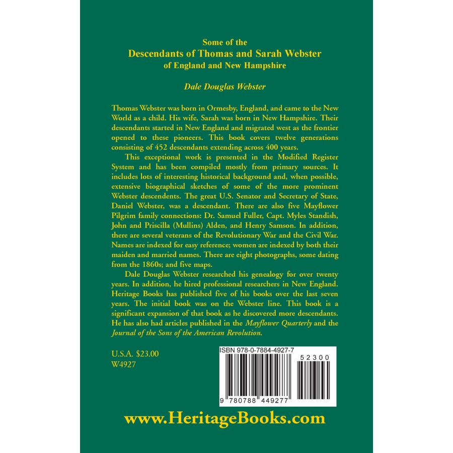 Some of the Descendants of Thomas and Sarah Webster of England and New Hampshire [paper] back cover