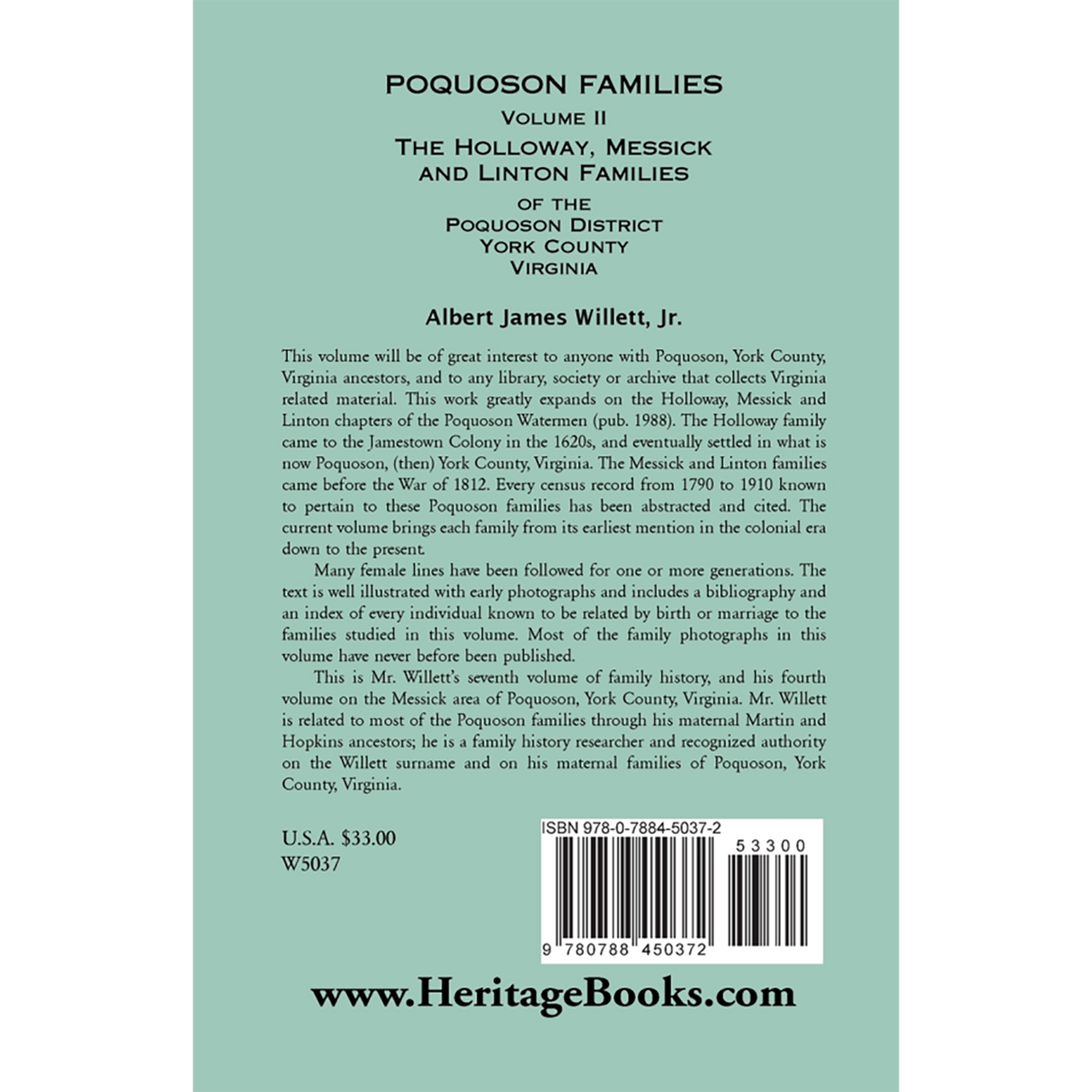 Poquoson Families, Volume II: The Holloway, Messick, and Linton Families of the Poquoson District, York County, Virginia [paper] back cover