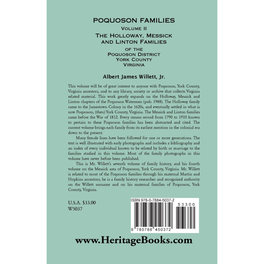 Poquoson Families, Volume II: The Holloway, Messick, and Linton Families of the Poquoson District, York County, Virginia [paper] back cover