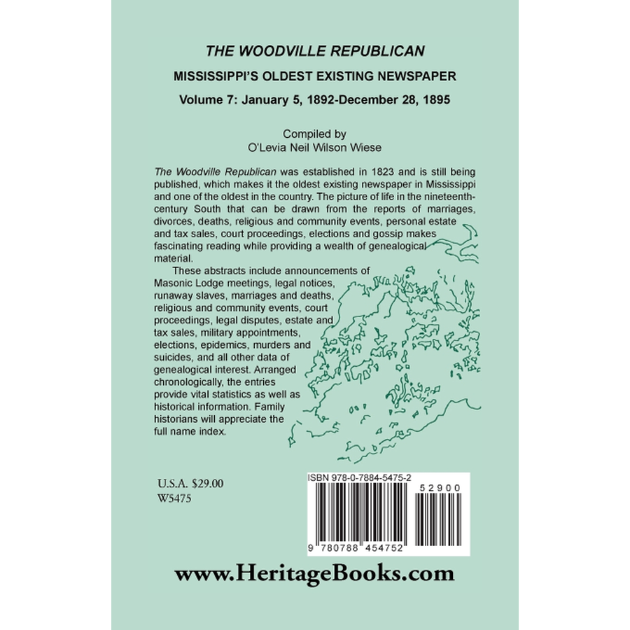 back cover of The Woodville Republican: Mississippi's Oldest Existing Newspaper, Volume 7: January 5, 1892-December 28, 1895