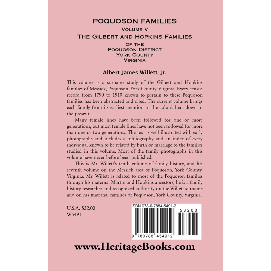 Poquoson Families, Volume V: The Gilbert and Hopkins Families of the Poquoson District, York County, Virginia [paper] back cover