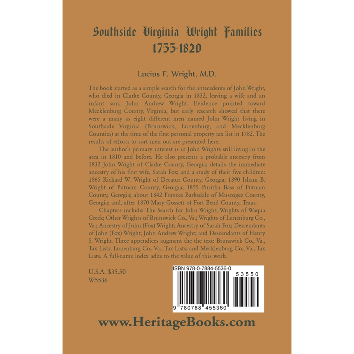 Southside Virginia Wright Families, 1755-1820 back cover