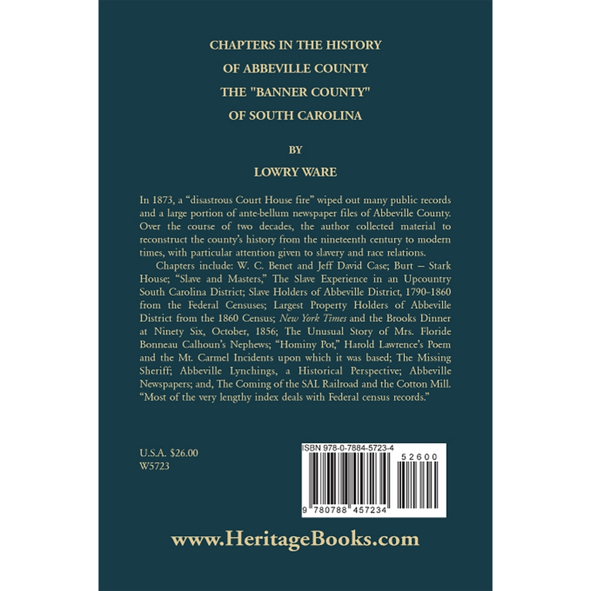 Chapters in the History of Abbeville County: The "Banner County" of South Carolina back cover