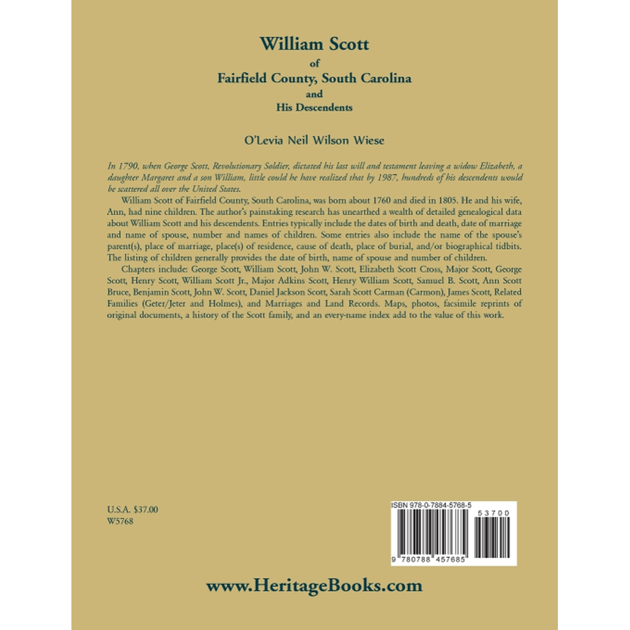 back cover of William Scott of Fairfield County, South Carolina and His Descendents