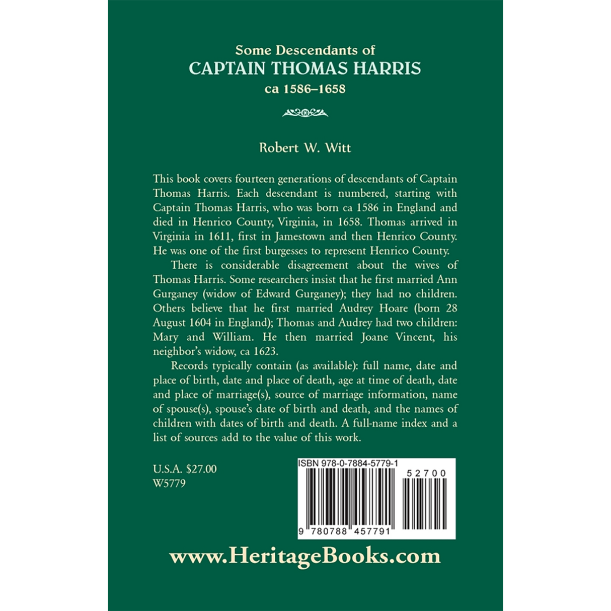 Some Descendants of Captain Thomas Harris, ca 1586-1658 back cover