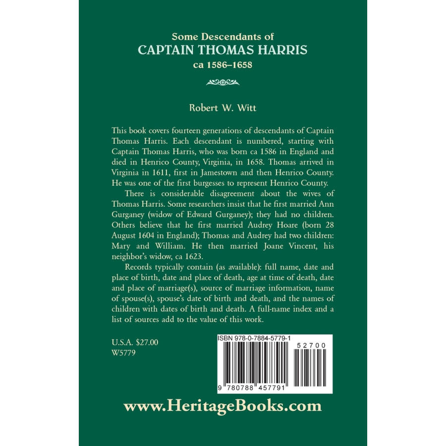 Some Descendants of Captain Thomas Harris, ca 1586-1658 back cover
