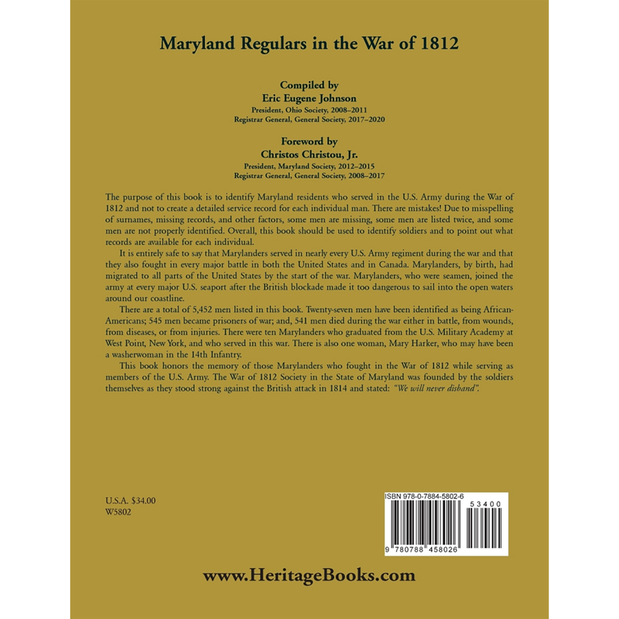 Maryland Regulars in the War of 1812 back cover