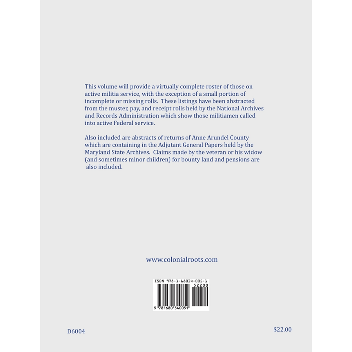 Maryland Militia in the War of 1812, Volume 4: Anne Arundel and Calvert Counties back cover