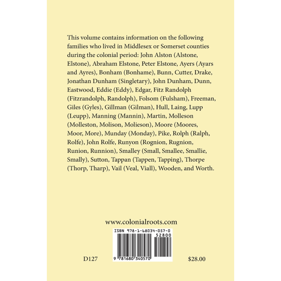 Colonial Families of New Jersey, Volume 1: Middlesex and Somerset Counties back cover
