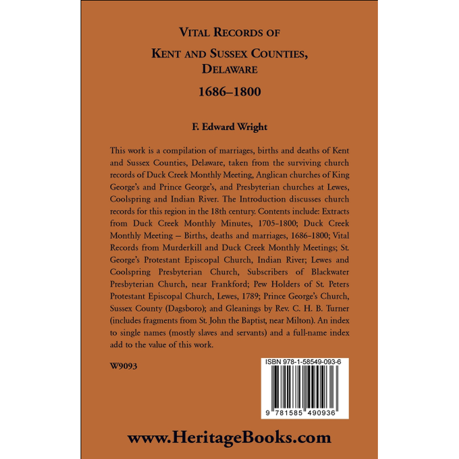 Vital Records of Kent and Sussex Counties, Delaware, 1686-1800 back cover