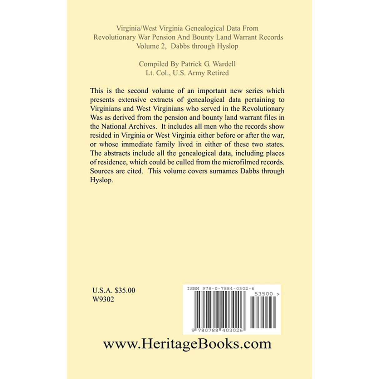Virginia and West Virginia Genealogical Data from Revolutionary War Pension and Bounty Land Warrant Records, Volume 2 Dabbs-Hyslop back cover