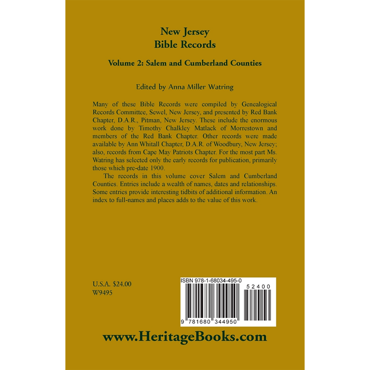 New Jersey Bible Records, Volume 2: Salem and Cumberland Counties back cover