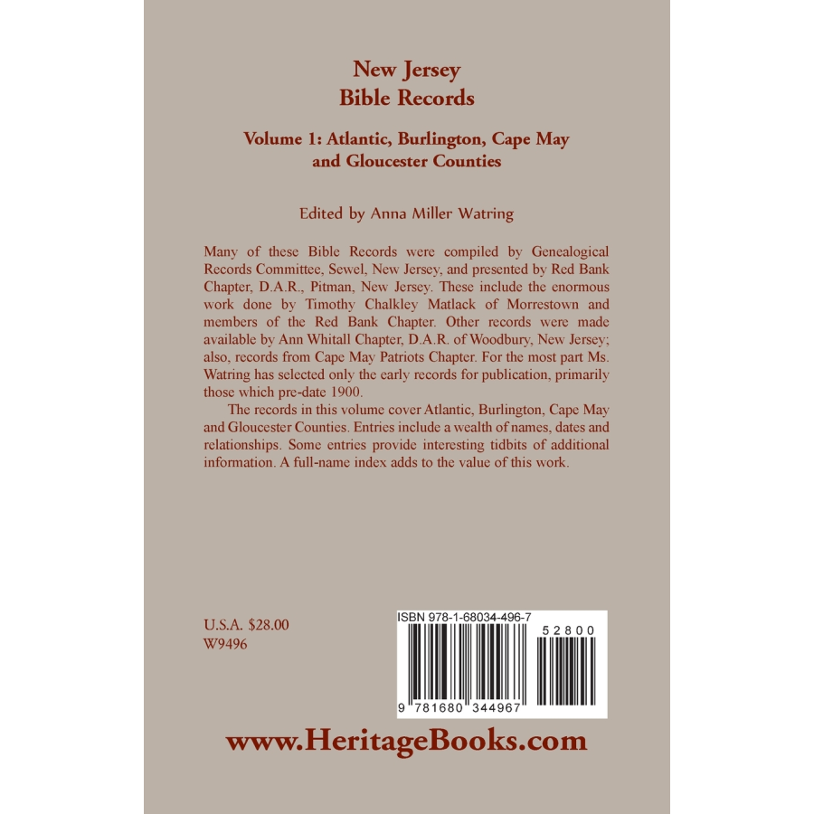 New Jersey Bible Records, Volume 1: Atlantic, Burlington, Cape May and Gloucester Counties back cover