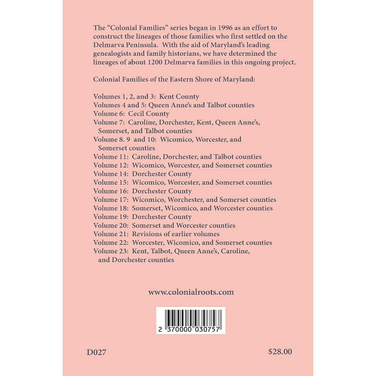 Colonial Families of the Eastern Shore of Maryland, Volume 13 back cover