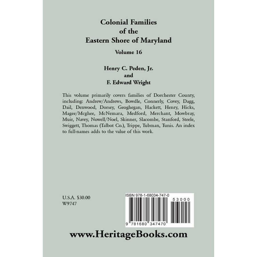 back cover of Colonial Families of the Eastern Shore of Maryland, Volume 16