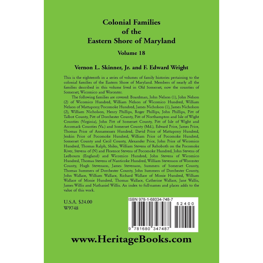 back cover of Colonial Families of the Eastern Shore of Maryland, Volume 18