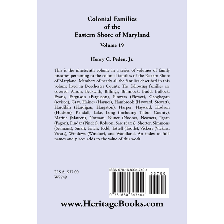 back cover of Colonial Families of the Eastern Shore of Maryland, Volume 19