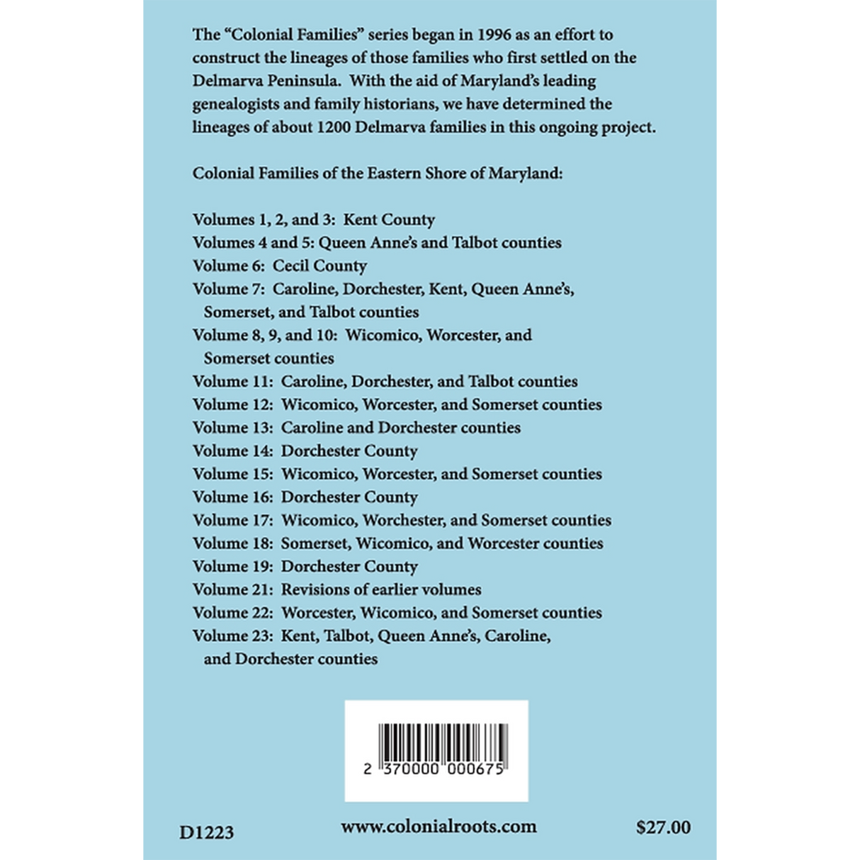 Colonial Families of the Eastern Shore of Maryland, Volume 20 back cover