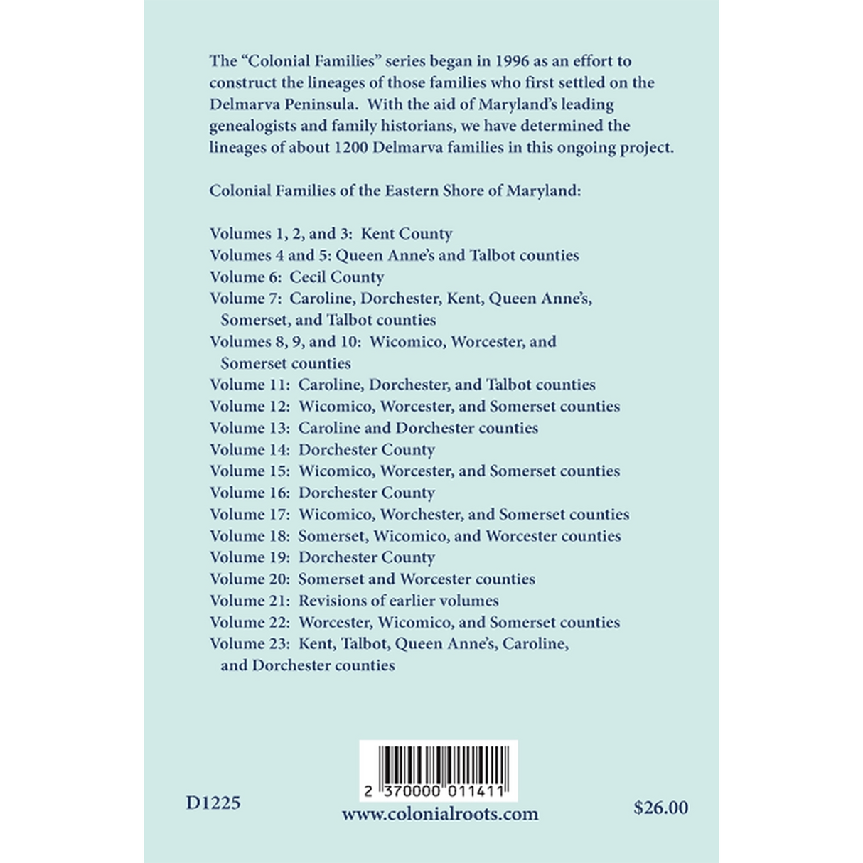 Colonial Families of the Eastern Shore of Maryland, Volume 22 back cover