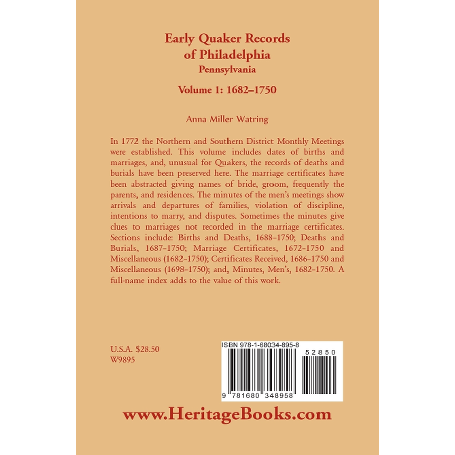 back cover of Early Quaker Records of Philadelphia, Pennsylvania, Volume 1: 1682-1750