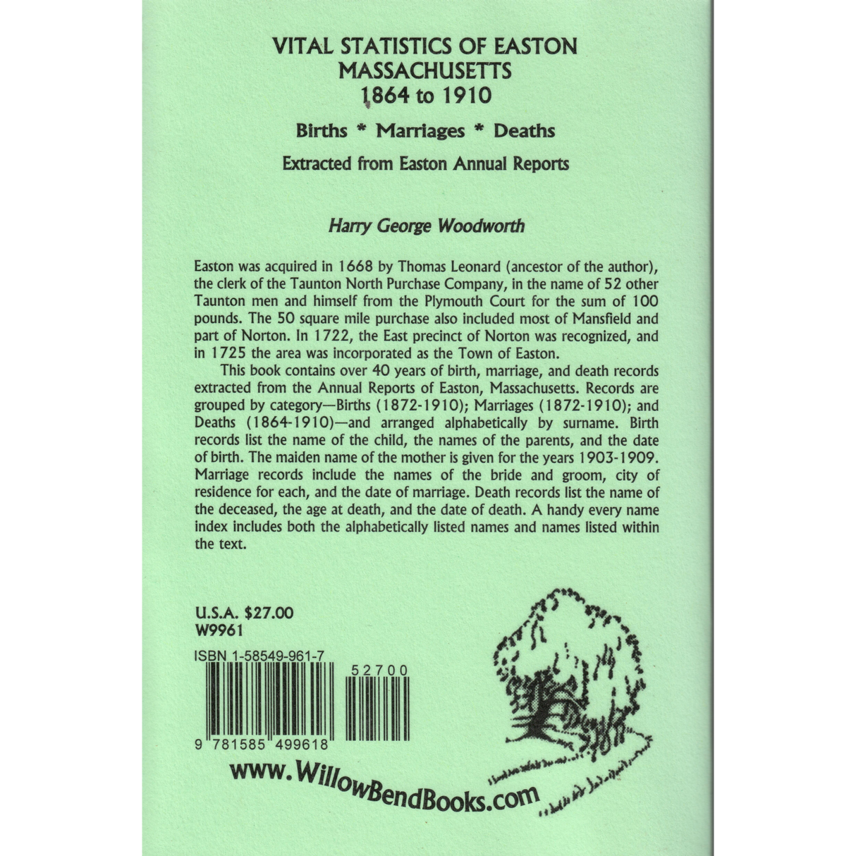 Vital Statistics of Easton, Massachusetts, 1864 to 1910, Births, Marriages, Deaths Extracted from Easton Annual Reports back cover