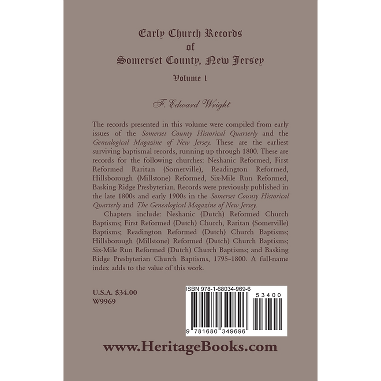 Early Church Records of Somerset County, New Jersey Volume 1 back cover