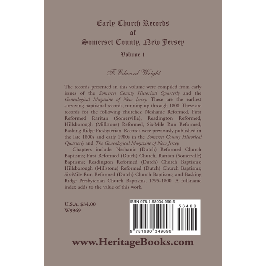 back cover of Early Church Records of Somerset County, New Jersey Volume 1