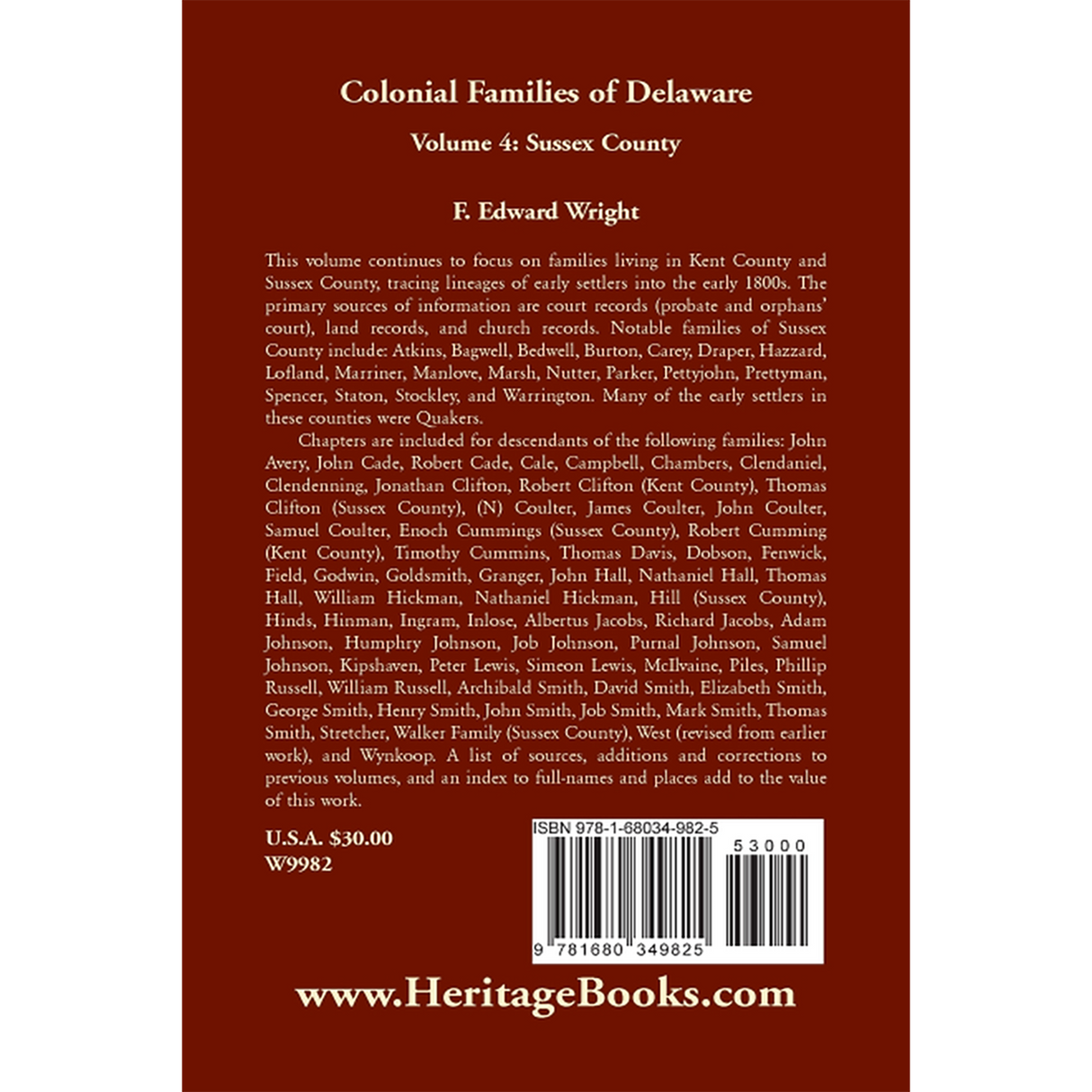 Colonial Families of Delaware, Volume 4: Sussex County back cover