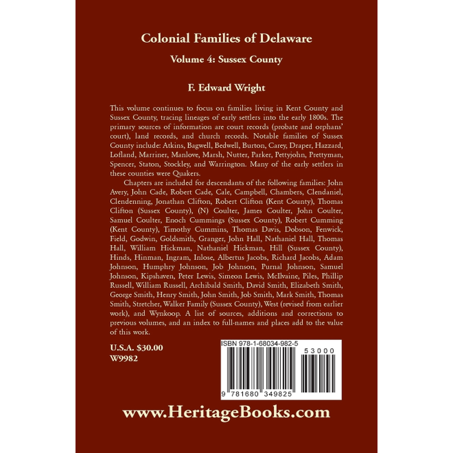 back cover of Colonial Families of Delaware, Volume 4: Sussex County