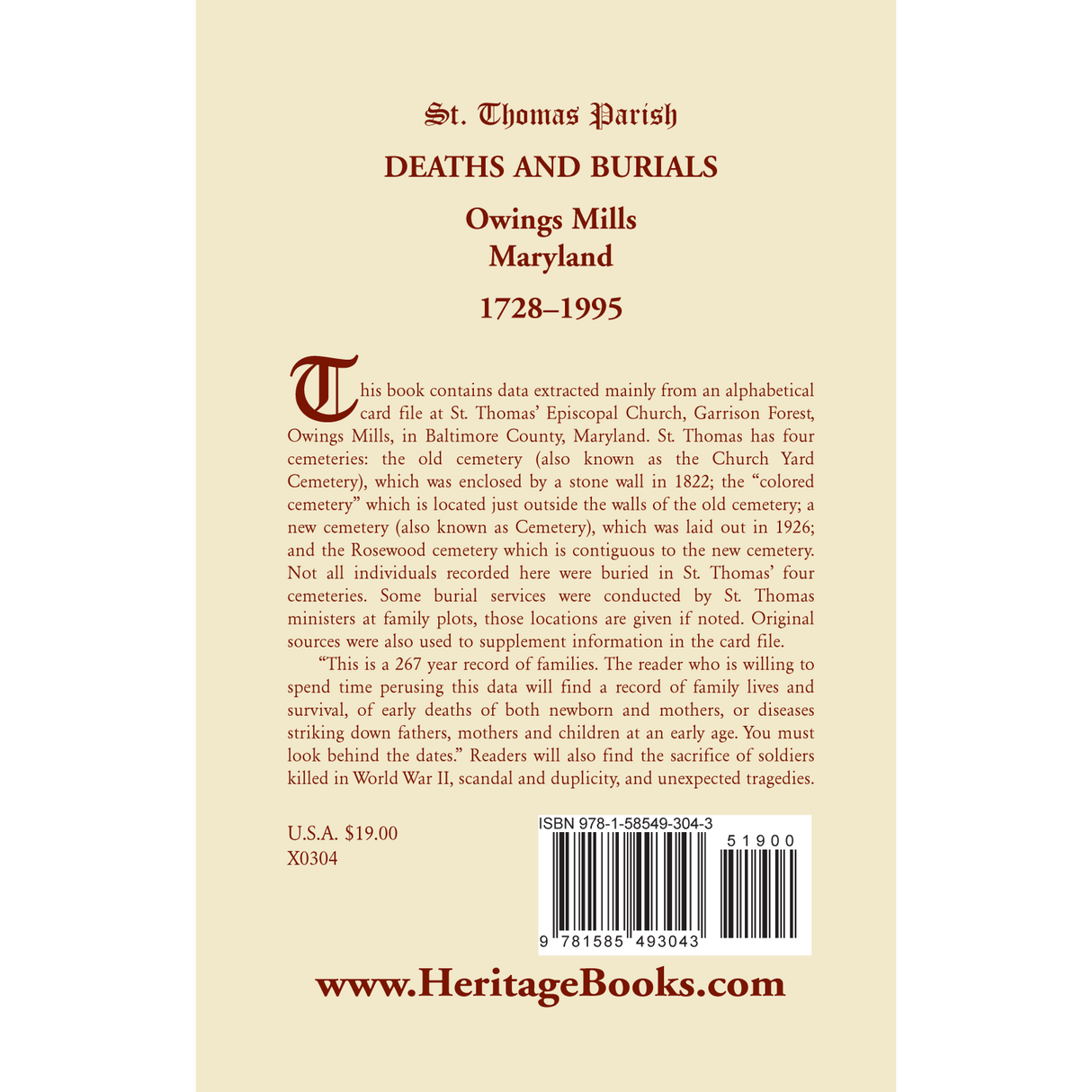 St. Thomas Parish Deaths and Burials, Owings Mills, Maryland, 1728-1995 back cover