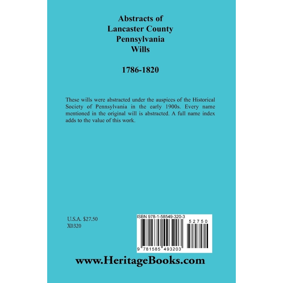 Abstracts of Lancaster County, Pennsylvania Wills, 1786-1820 back cover