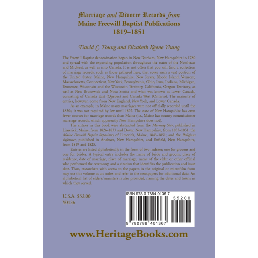 Marriage and Divorce Records from Maine Freewill Baptist Publications, 1819-1851 back cover